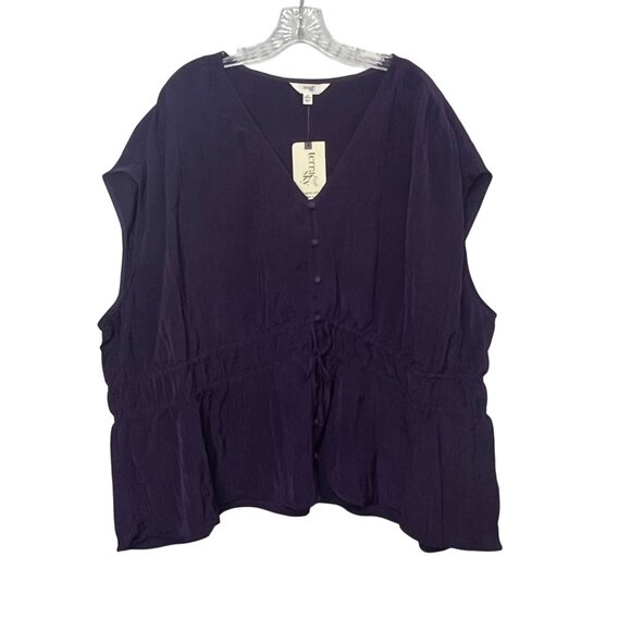 Terra & Sky Drawstring Waist Blouse Womens 4X Dark Plum Purple New Recycled Fibe - Picture 2 of 10